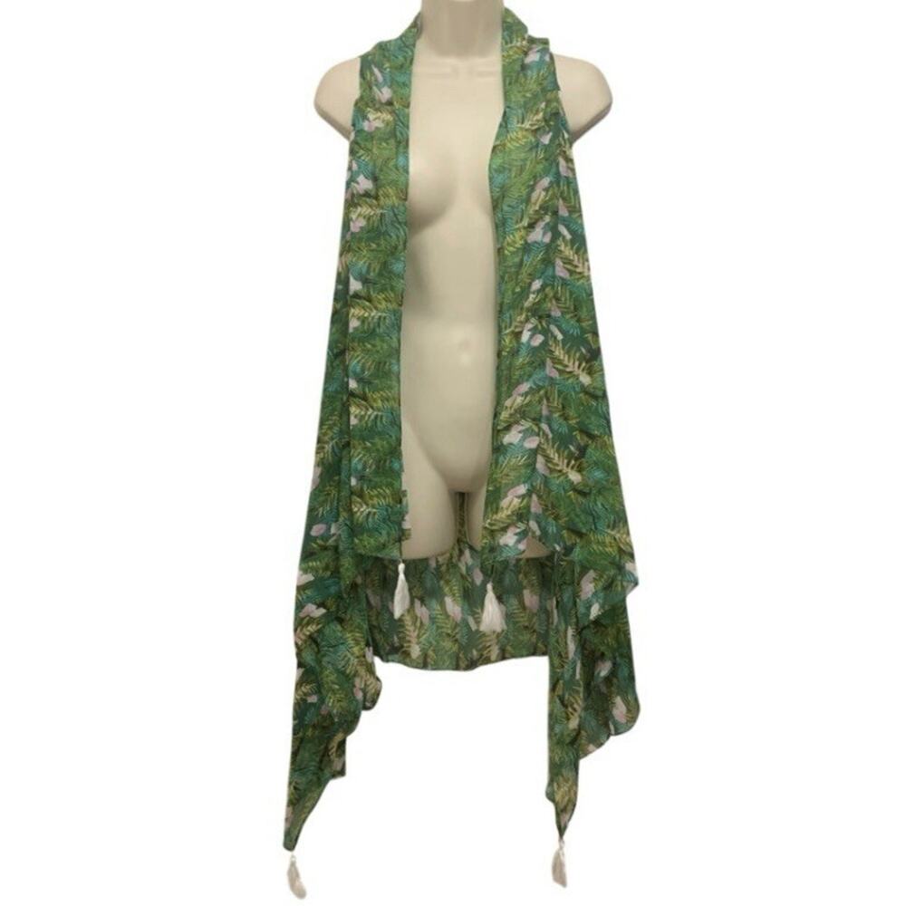 b.Boutique By Evergreen Tropical Kimono Vest Tassel Sheer Swim Cover Up NWT